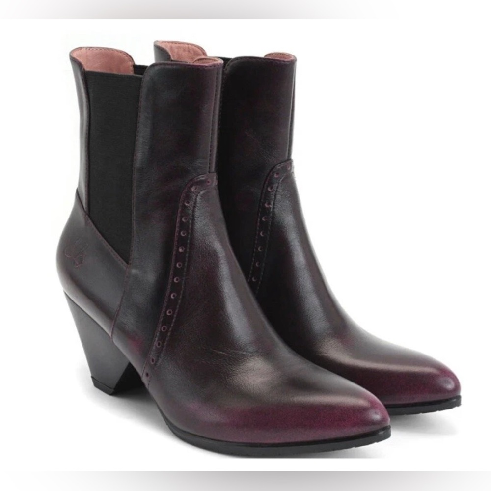 John Fluevog Burgundy and Black Leather Heeled Ankle Boots